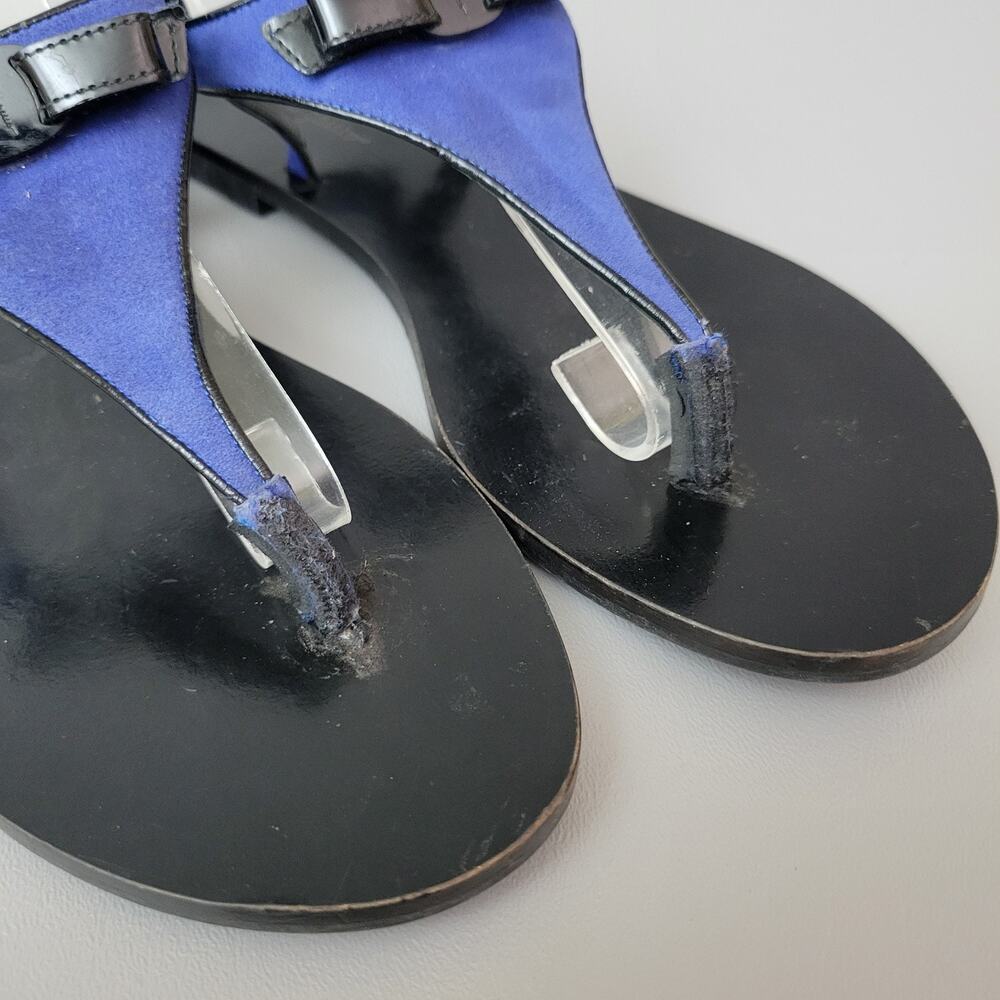 Salvatore Ferragamo Blue Suede Patent Thong Flat Sandals Bow Slingback Size 9 - Picture 8 of 11